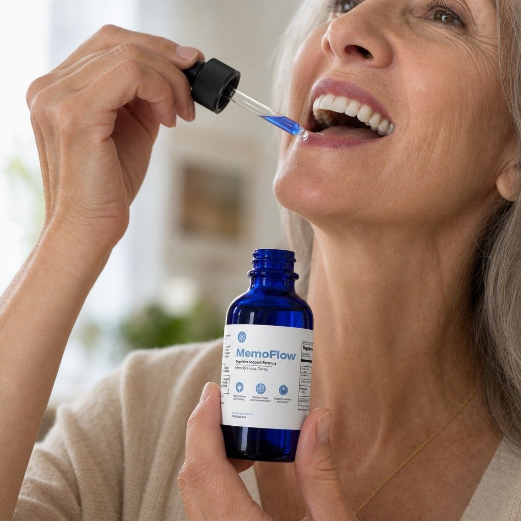 A woman placing two drops of MemoFlow under her tongue