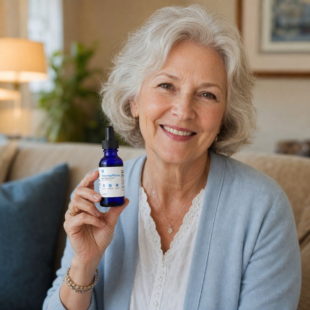 An older MemoFlow customer holding the bottle at home