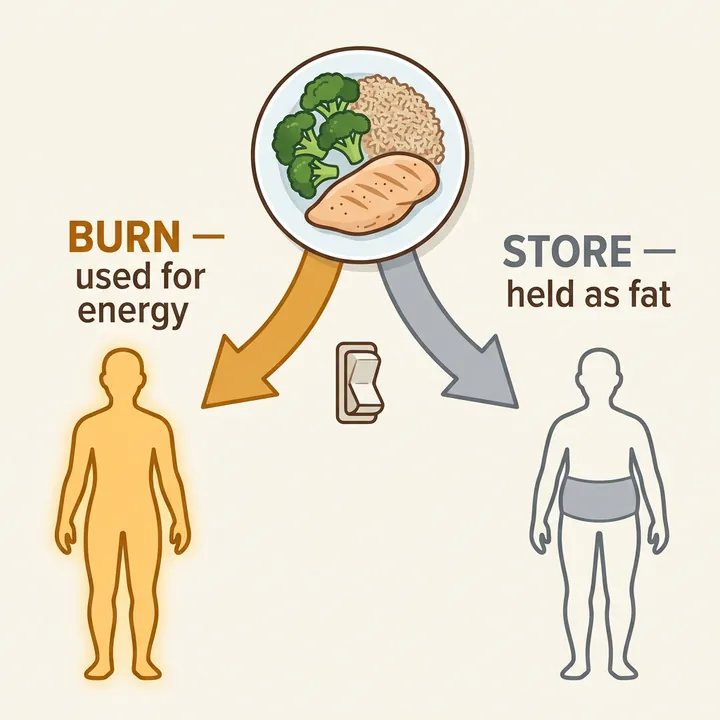 One meal reaching a fork: burned for energy, or stored as fat