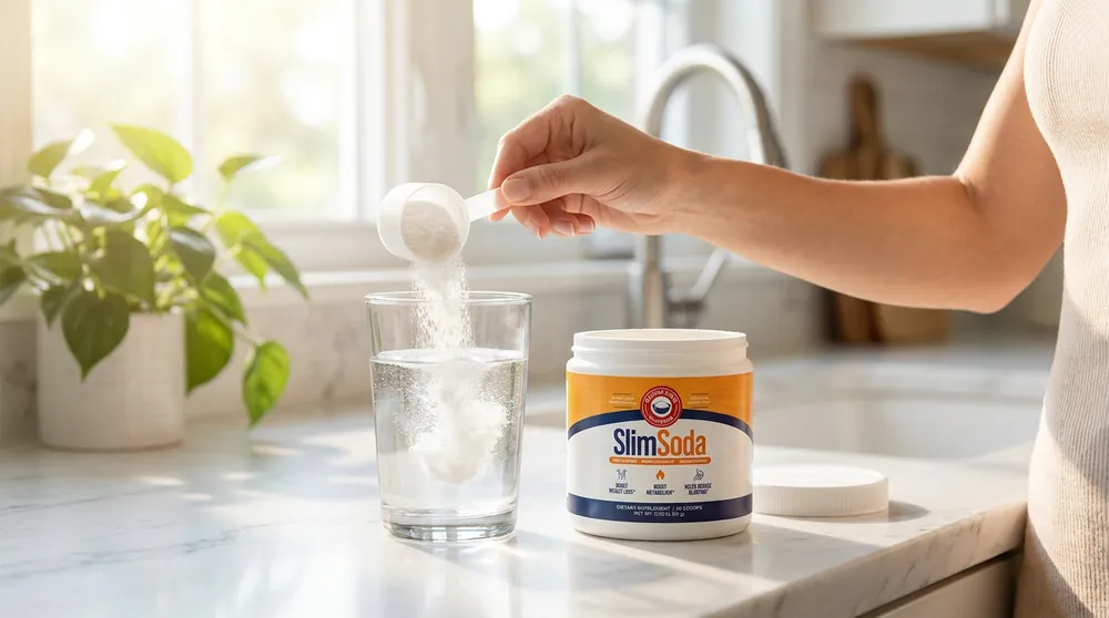 One scoop of SlimSoda stirred into a glass of water in a calm morning kitchen